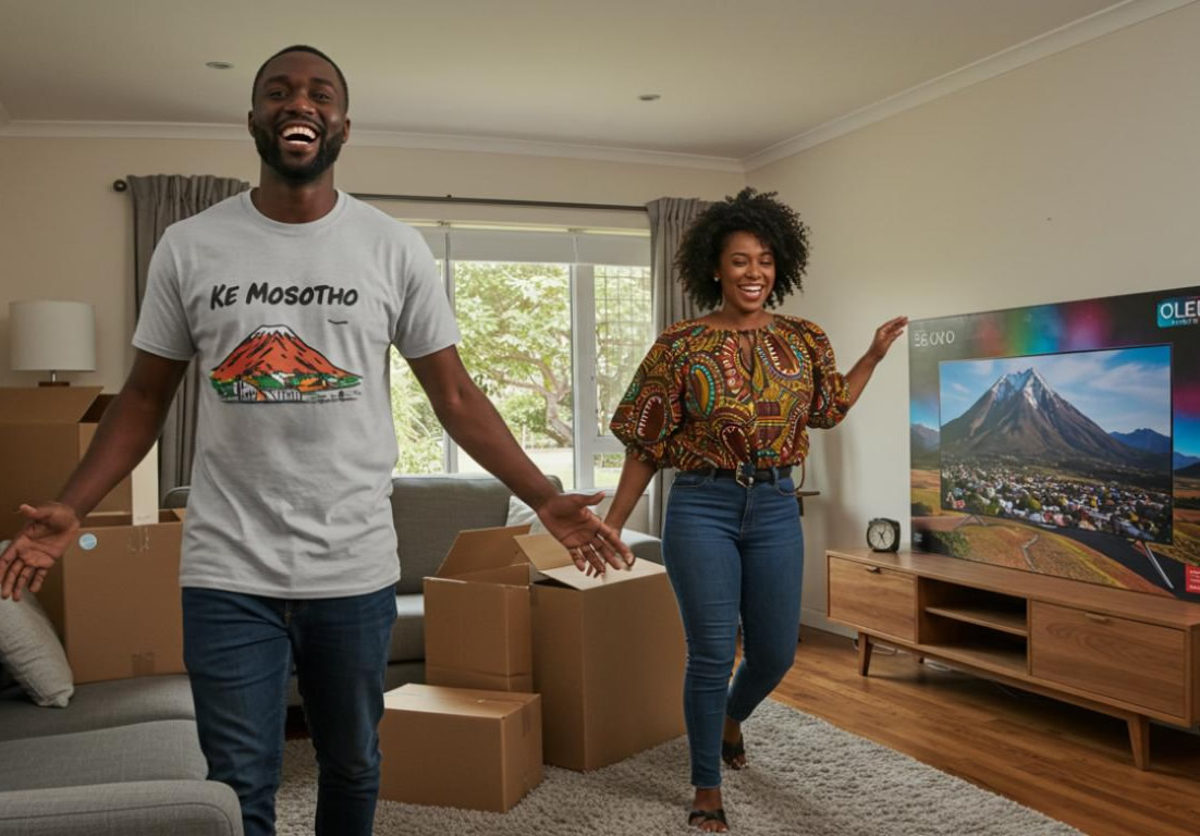 Couple joyfully settling into their new home with furniture and moving boxes, a typical scene for new homeowners.