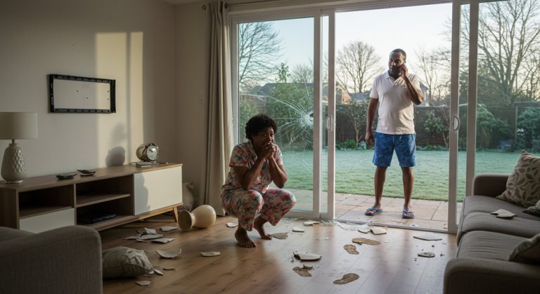 Aftermath of a home burglary, lady squatting in despair, her husband on a phone call likely to report the incident or contact their insurer