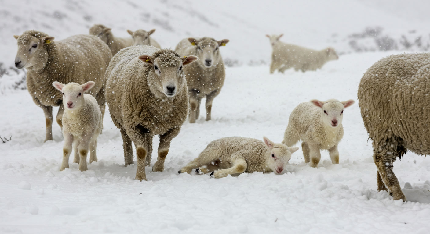 Close-up of sheep and three young lambs on a snow-covered Lesotho mountain, symbolizing the valuable livestock and farming heritage that Meraka insurance safeguards
