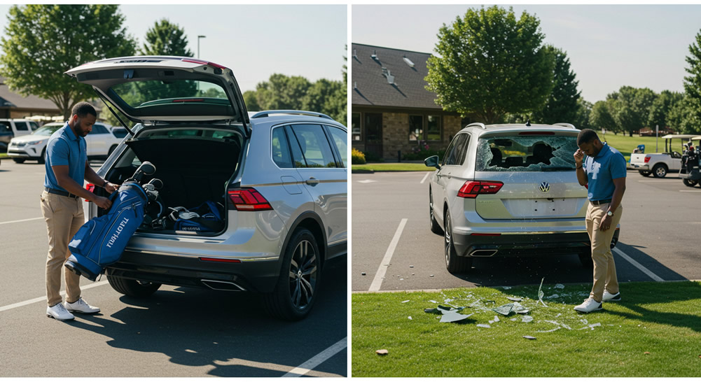 Split image illustrating the vulnerability of personal possessions: a man places valuable golf clubs in his car, contrasted with the car's smashed window after a presumed theft
