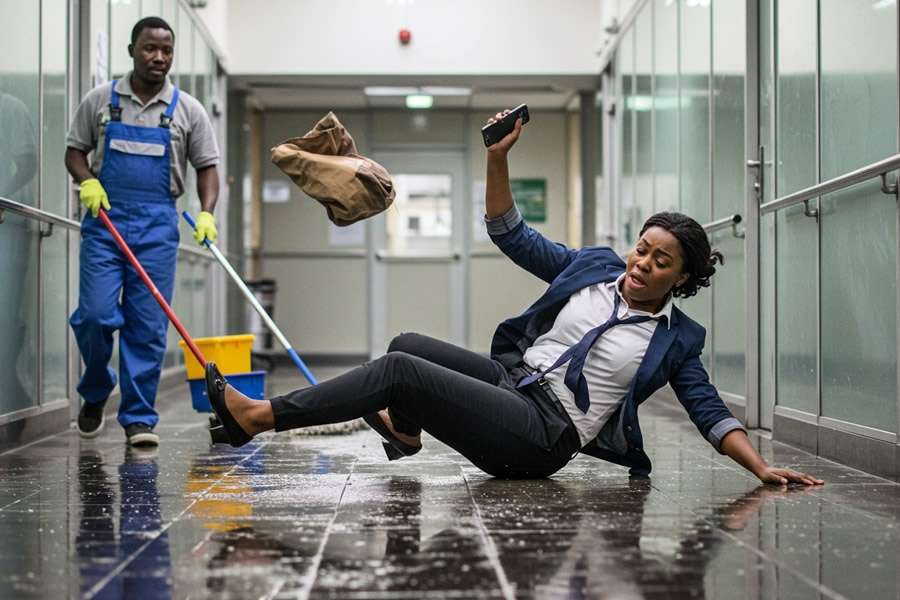 Woman who has slipped and fallen onto a freshly mopped, wet office floor, with a cleaner visible in the background—a common workplace liability risk.