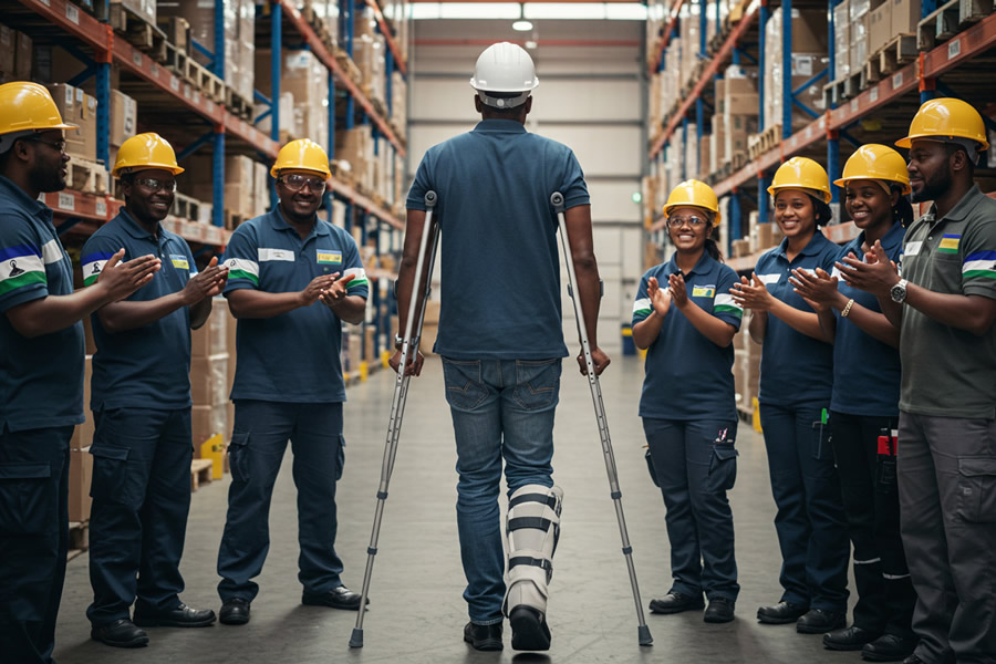 Construction worker with a broken leg on crutches welcomed by supportive colleagues in hard hats within a warehouse, showing a team moving forward after a workplace incident common in construction and engineering