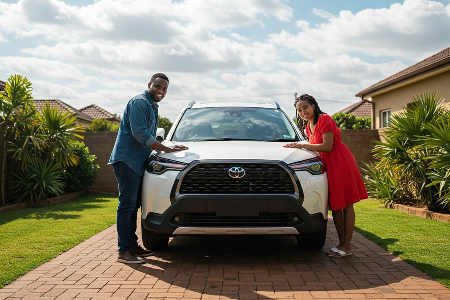 Happy couple proudly beside their brand-new white Toyota Corolla Cross, parked in their driveway, a valuable ride to protect.