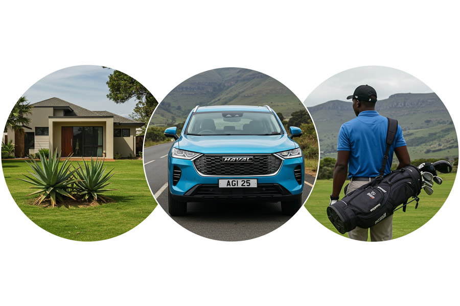 Collage of circular icons—a house, a car, and a man holding a golf bag—symbolizing the diverse personal assets covered by a Domestic Comprehensive insurance plan.