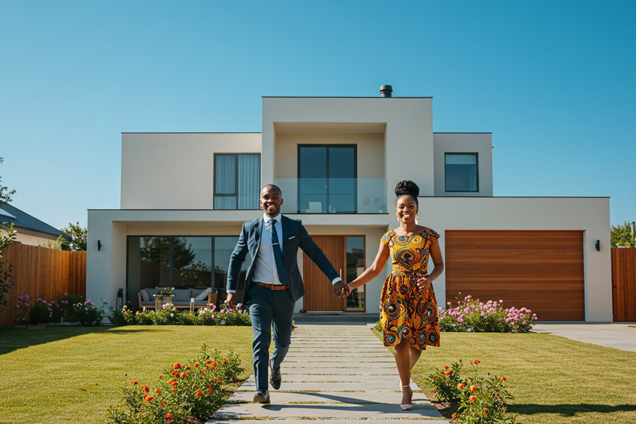 Happy couple holding hands in-front of their beautiful modern architectural house, a valuable home to protect.