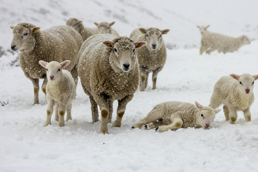 Close-up of sheep and three young lambs on a snow-covered Lesotho mountain, symbolizing the valuable livestock and farming heritage that Meraka insurance safeguards