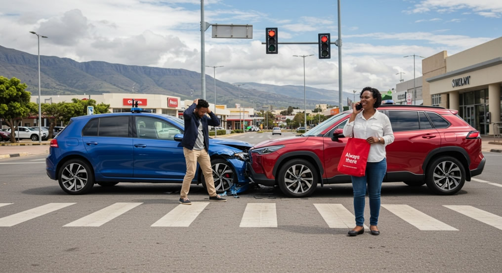 Scene after a minor car accident in Lesotho: one driver stands with hands on head in distress beside the damaged cars, while the other driver remains calm, making a phone call likely to report the incident or contact their insurer