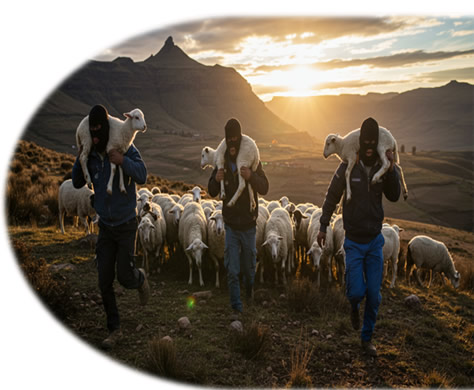 Thieves stealing sheep from a pasture